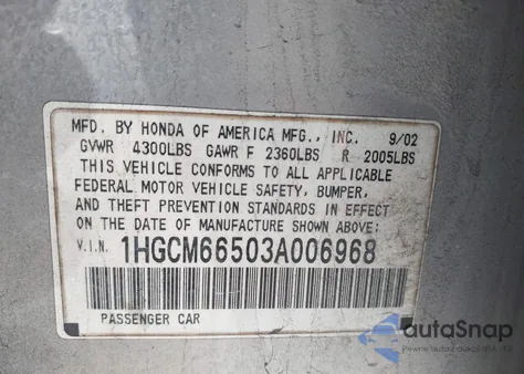 2003 Honda Accord 3.0 Ex из США, поврежденный, VIN 1HGCM66503A006968